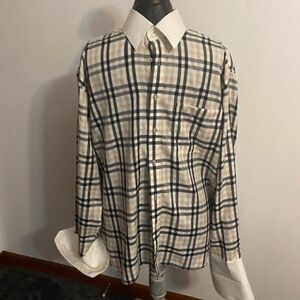 Henri Picard by Don Jonatha Plaid Tan/Blue/White button-down shirt, size 16 1/2